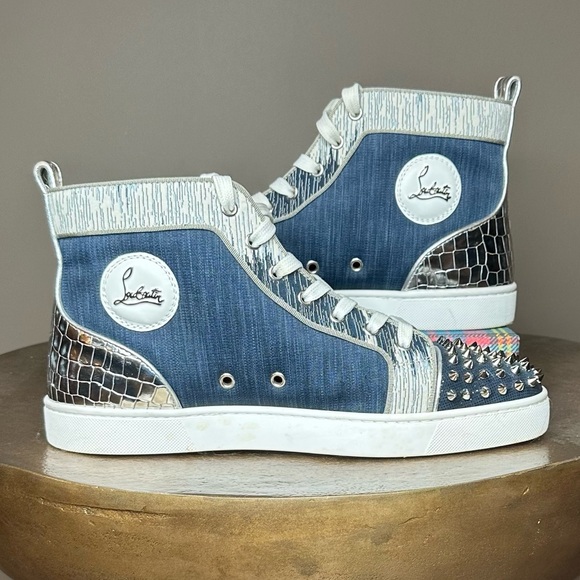 Christian Louboutin Denim and Silver Studded Sneakers - Picture 1 of 8